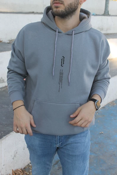 Unisex Göğüs Dikey Baskılı Kapşonlu Oversize Sweatshirt - 3