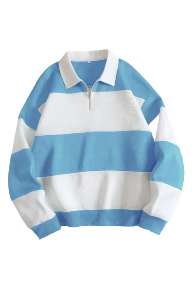 Unisex Çizgili Oversize Polo Yaka Yarım Fermuarlı Sweatshirt - 5