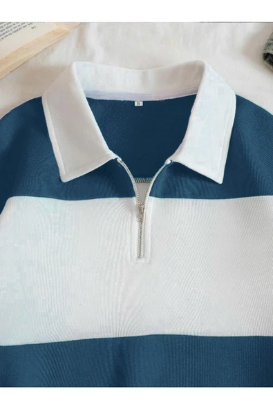 Unisex Çizgili Oversize Polo Yaka Yarım Fermuarlı Sweatshirt - 12