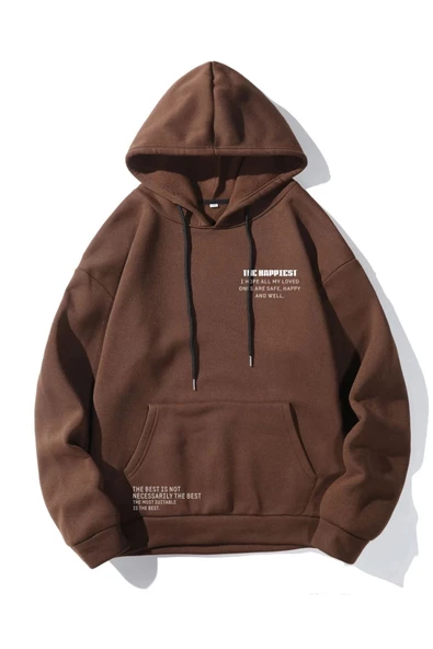 Unisex Happiest Baskılı Oversize Kapşonlu Sweatshirt - 6