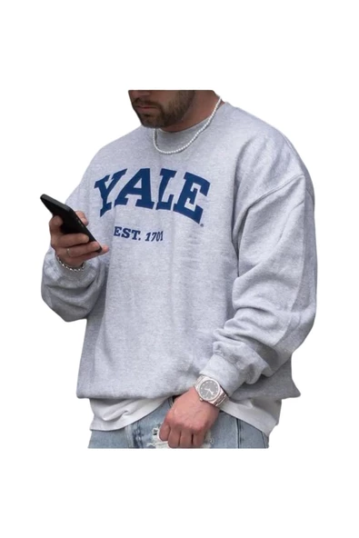 Unisex Gri Yale Baskılı Bisiklet Yaka Oversize Sweatshirt