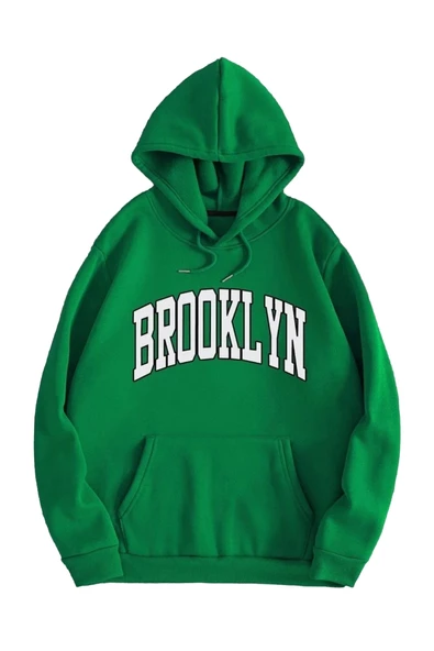 Unisex Yeşil Brooklyn Baskılı Oversize Kapşonlu Sweatshirt - Resim 2