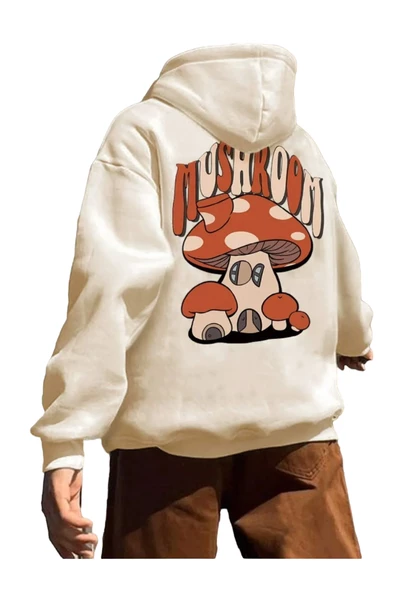 Unisex Mushroom Baskı Kapüşonlu Sweatshirt