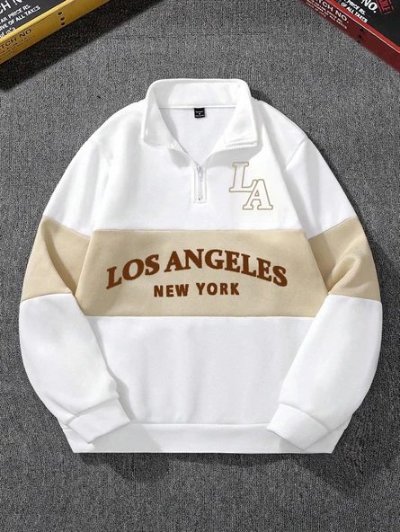 Unisex Los Angeles Baskılı Oversize Parçalı Polo Yaka Fermuarlı Sweatshirt - 7