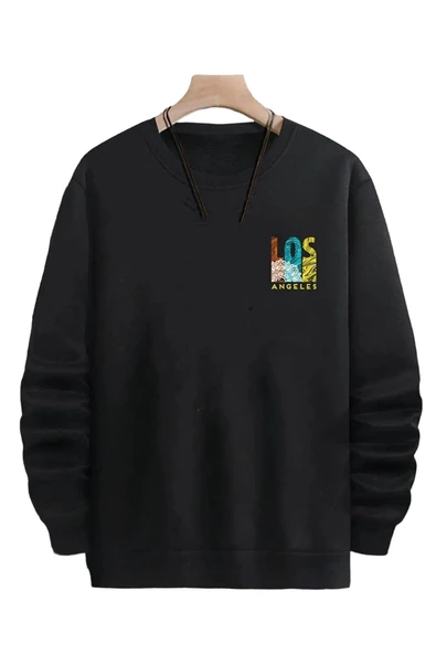 Unisex Siyah Los Angeles Oversize Bisiklet Yaka Sweatshirt