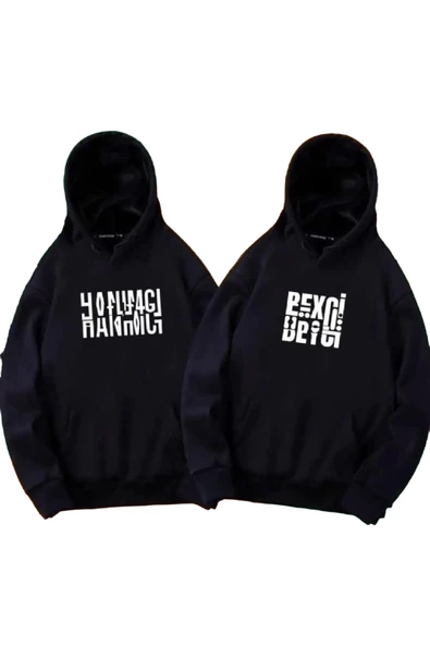 Unisex 2'li Siyah Hanımcı Ve Beyci Baskılı Oversize Kapşonlu Sweatshirt