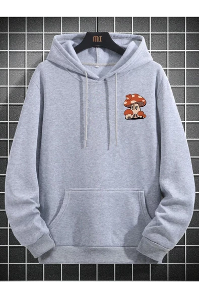 Unisex Mushroom Baskı Kapüşonlu Sweatshirt - 10
