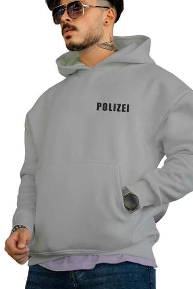 Unisex Polizei Baskılı Oversize Kapüşonlu Sweatshirt - Resim 2