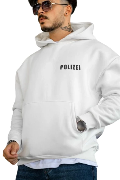 Unisex Polizei Baskılı Oversize Kapüşonlu Sweatshirt