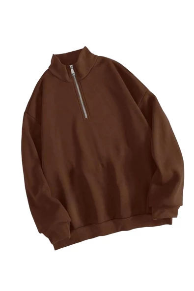 Unisex Dik Yaka Yarım Fermuarlı Oversize Sweatshirt - 4