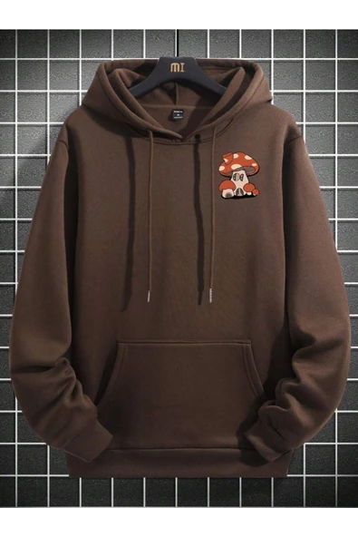 Unisex Mushroom Baskı Kapüşonlu Sweatshirt - 6