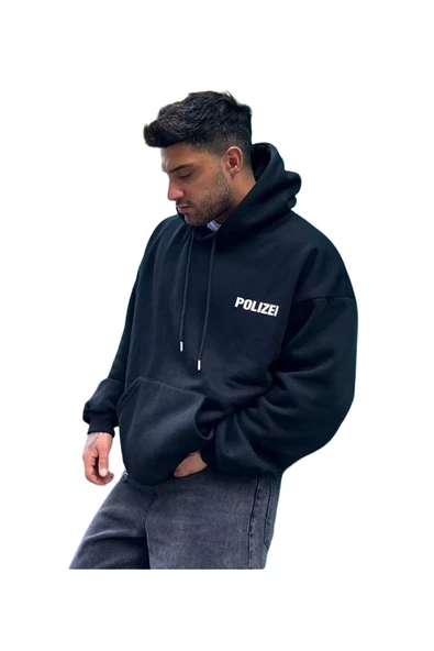Unisex Polizei Baskılı Oversize Kapüşonlu Sweatshirt - Resim 5