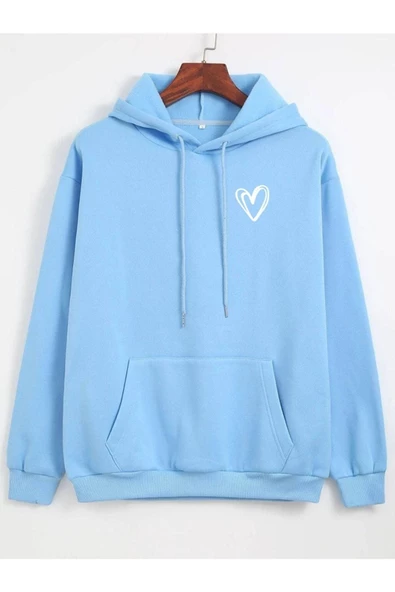 Unisex Kalp Baskılı Oversize Kapüşonlu Sweatshirt - 4
