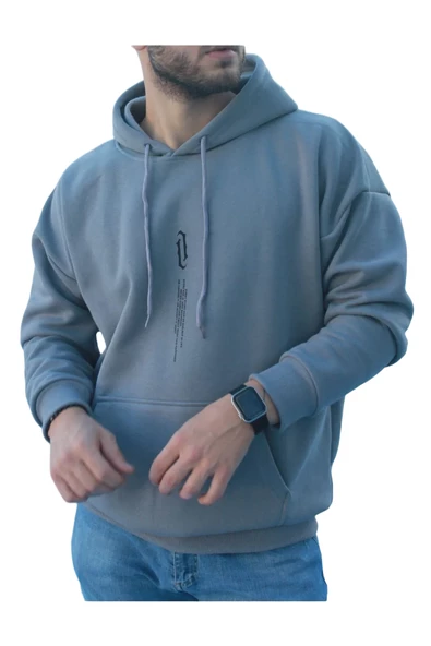 Unisex Göğüs Dikey Baskılı Kapşonlu Oversize Sweatshirt
