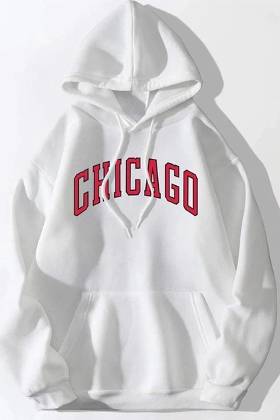 Unisex Beyaz Chicago Baskılı Oversize Kapşonlu Sweatshirt