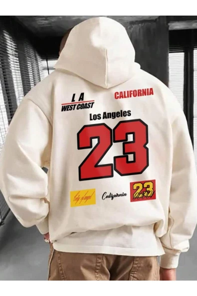 Unisex Bej California Los Angeles 23 Baskılı Oversize Kapşonlu Sweatshirt