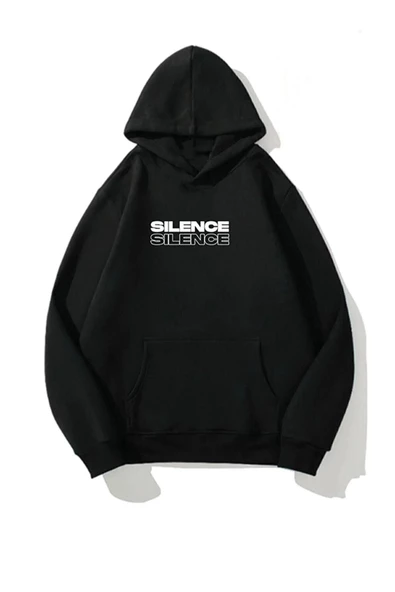 Unisex Siyah Silence Baskılı Oversize Kapşonlu Sweatshirt