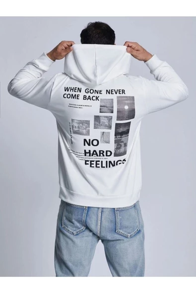 Unisex Beyaz Sırt Baskılı Kapşonlu Oversize Sweatshirt - 2
