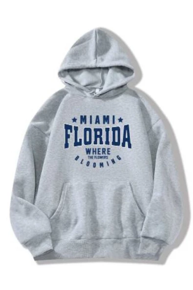 Unisex Gri Florida Baskılı Kapşonlu Oversize Sweatshirt