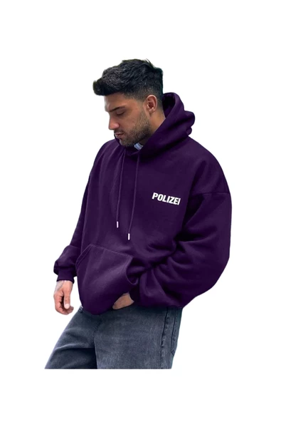 Unisex Polizei Baskılı Oversize Kapüşonlu Sweatshirt - Resim 4