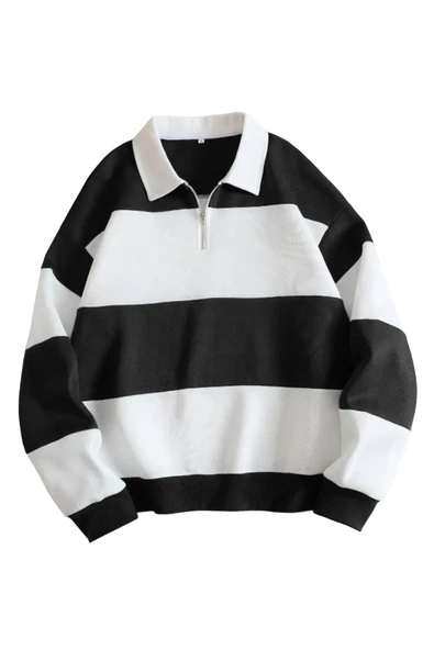 Unisex Çizgili Oversize Polo Yaka Yarım Fermuarlı Sweatshirt - 2