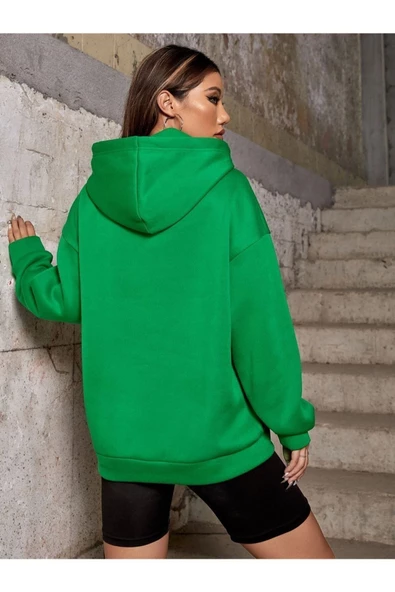 Unisex Yeşil Oversize Kapşonlu Sweatshirt - Resim 3