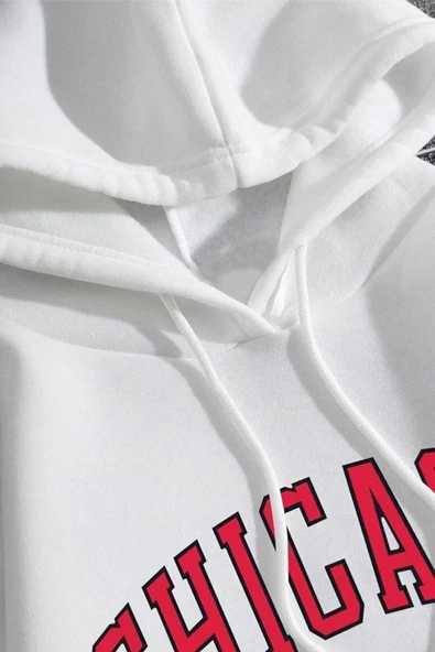 Unisex Beyaz Chicago Baskılı Oversize Kapşonlu Sweatshirt - 3