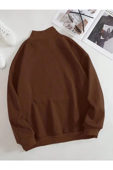 Unisex Dik Yaka Yarım Fermuarlı Oversize Sweatshirt - 11