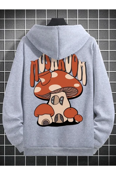 Unisex Mushroom Baskı Kapüşonlu Sweatshirt - 9