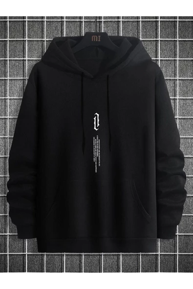 Unisex Göğüs Dikey Baskılı Kapşonlu Oversize Sweatshirt - 5