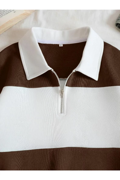 Unisex Çizgili Oversize Polo Yaka Yarım Fermuarlı Sweatshirt - 10