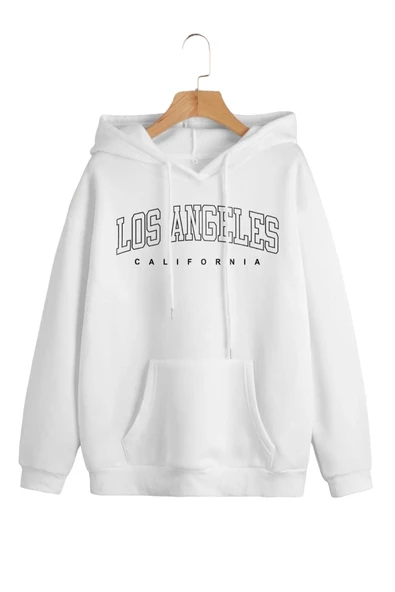 Unisex Los Angeles Baskılı Oversize Kapşonlu Sweatshirt - Resim 3