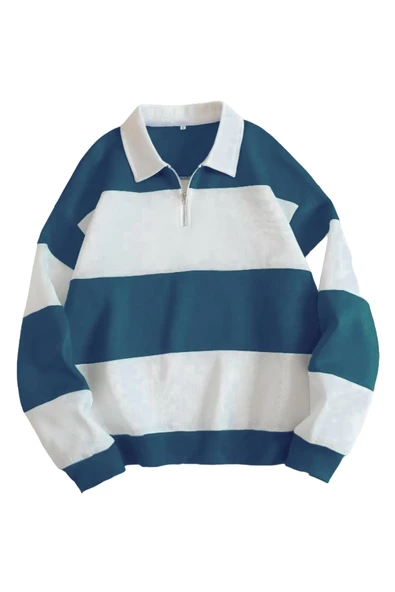 Unisex Çizgili Oversize Polo Yaka Yarım Fermuarlı Sweatshirt - 3