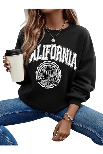 Unisex Siyah California Baskılı Bisiklet Yaka Oversize Sweatshirt