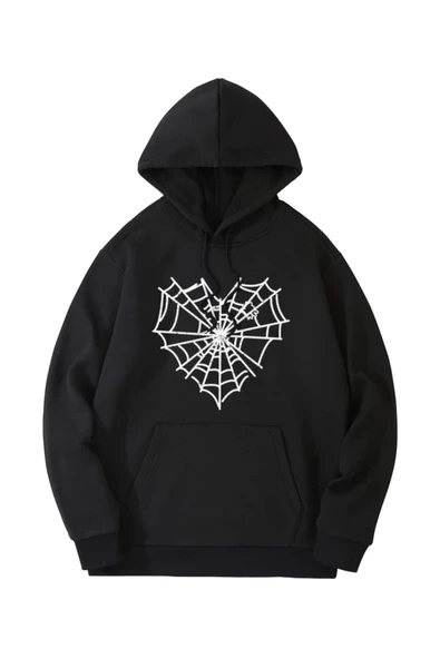 Unisex Siyah Kalp Ağ Baskı Detaylı Oversize Kapşonlu Sweatshirt