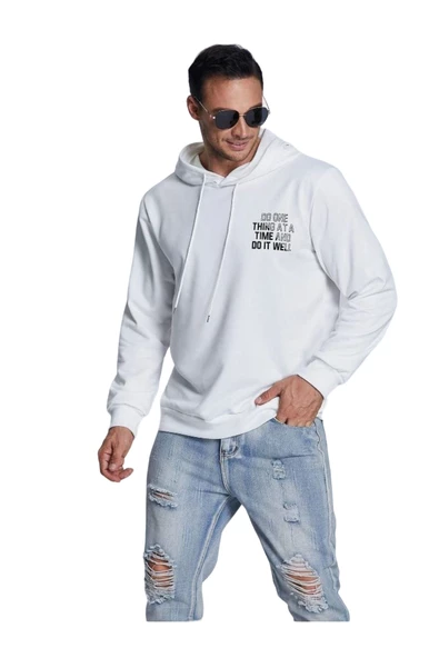 Unisex Beyaz Sırt Baskılı Kapşonlu Oversize Sweatshirt