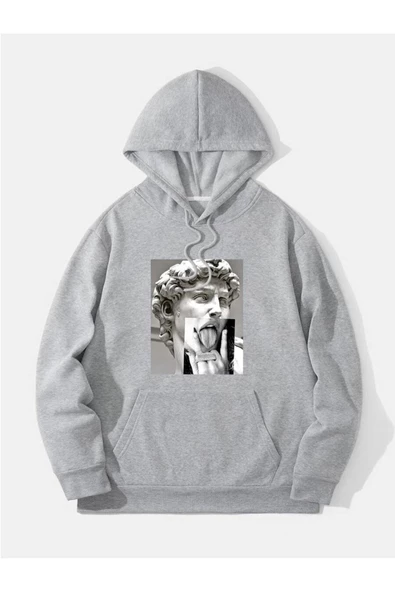 Unisex Heykel Baskılı Oversize Kapşonlu Sweatshirt - Resim 5