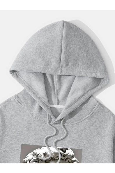 Unisex Heykel Baskılı Oversize Kapşonlu Sweatshirt - Resim 6