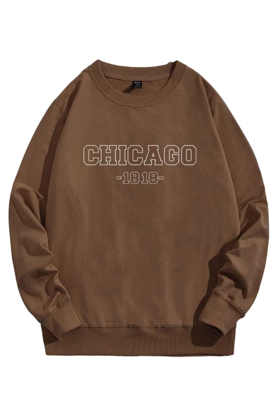 Unisex Kahverengi Chicago Baskılı Bisiklet Yaka Oversize Sweatshirt