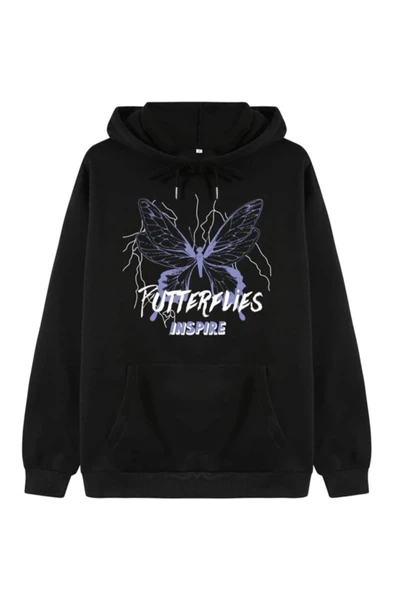 Unisex Siyah Butterfly Baskılı Oversize Kapşonlu Sweatshirt