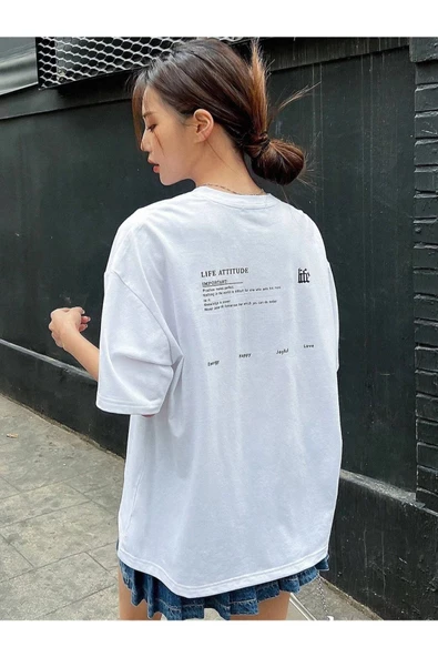 Kadın Life Sırt Baskılı Oversize Bisiklet Yaka T-shirt - 9