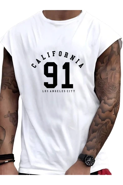 Erkek Beyaz California 91 Baskılı Kolsuz T-shirt