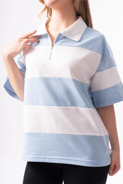 Kadın Polo Yaka Çizgili Oversize T-Shirt - 3