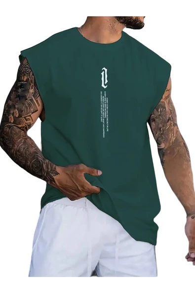 Erkek Dikey Baskılı Oversize Kolsuz T-shirt - 6