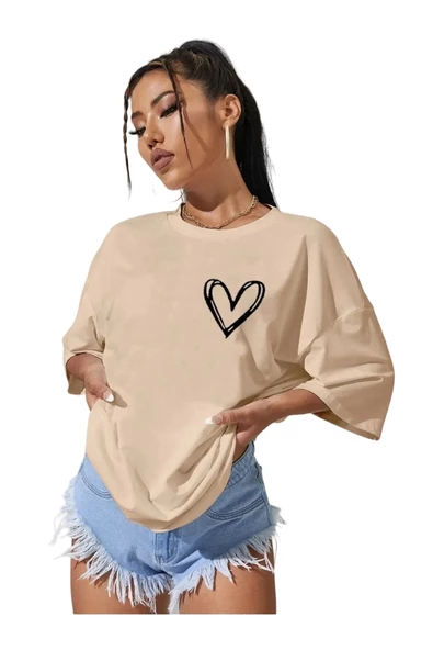 Kadın Kalp Baskılı Oversize T-shirt - 3