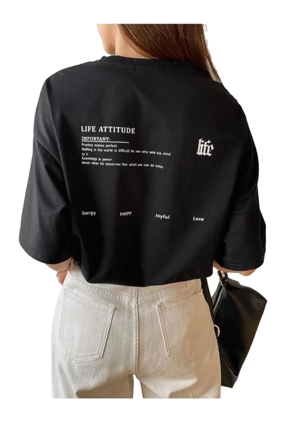 Kadın Life Sırt Baskılı Oversize Bisiklet Yaka T-shirt - 4