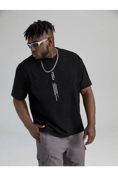 Erkek Göğüs Dikey Baskılı Oversize T-shirt - 10