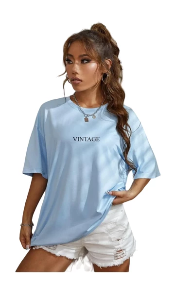 Kadın Vintage Baskılı Oversize T-shirt - 3