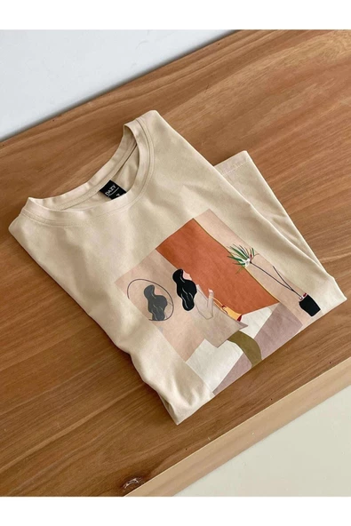 Kadın Bej Kadın Figür Baskılı Oversize Bisiklet Yaka T-Shirt - 4