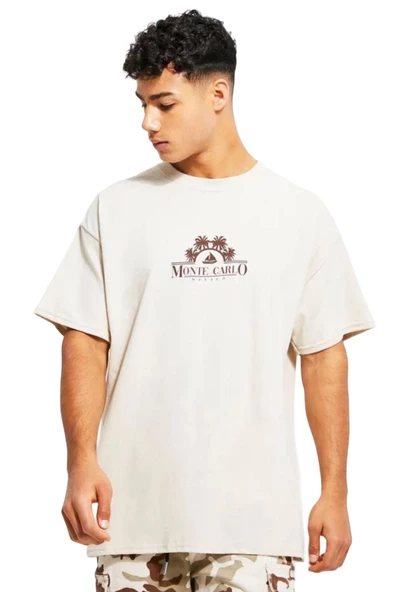 Erkek Bej Monte Carlo Baskılı Oversize Tshirt